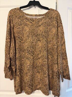 Roaman's Tan and Black Printed Long Sleeve Scoop Neck Top